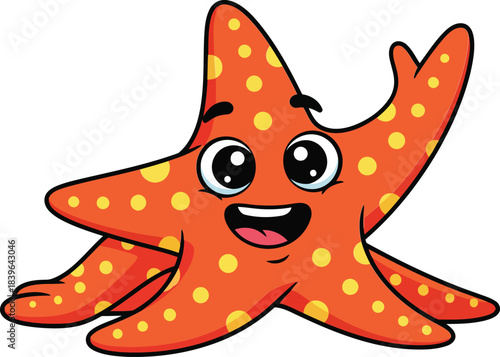 Cheerful orange cartoon starfish character with yellow spots smiles happily, a cute marine creature illustration from the ocean.