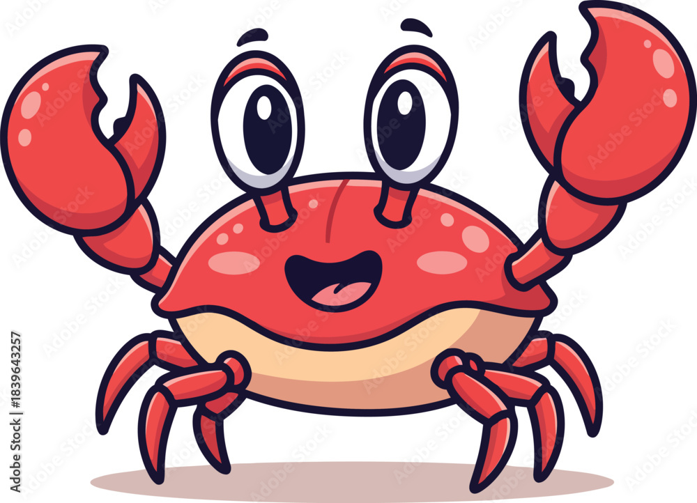 Fototapeta premium Happy cartoon crab illustration with big eyes and claws smiling cheerfully, a cute marine creature graphic