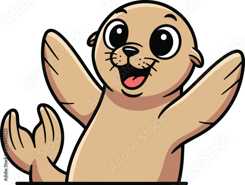 Cute joyful seal pup character waving happily with wide open mouth and big eyes, playful illustration