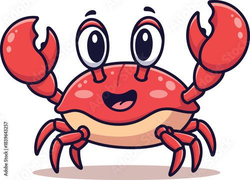Happy cartoon crab illustration with big eyes and claws smiling cheerfully, a cute marine creature graphic