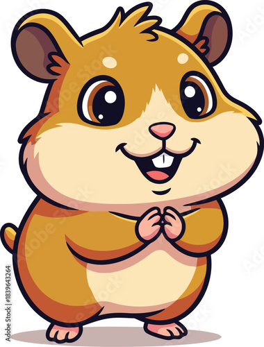 Adorable cartoon hamster smiling brightly, standing with tiny clasped paws. Friendly illustration, front view.