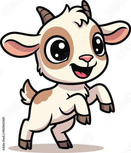 Adorable playful baby goat cartoon illustration with a cheerful expression standing on its hind legs.