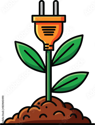 Vibrant illustration of an orange electrical plug as a sprouting green plant from fertile soil, representing the growth of sustainable energy and eco-friendly power solutions.