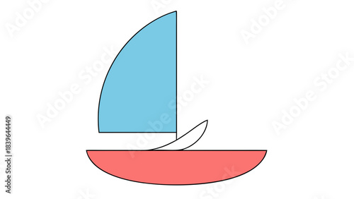 Abstract minimalist sailboat silhouette with light blue sail and coral hull against a stark black background symbolizing a simple nautical journey