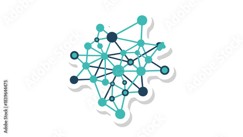 Abstract network of interconnected teal and dark blue spheres and lines forming a complex structure on a black background with white stylized cloud shapes underneath suggesting digital data flow