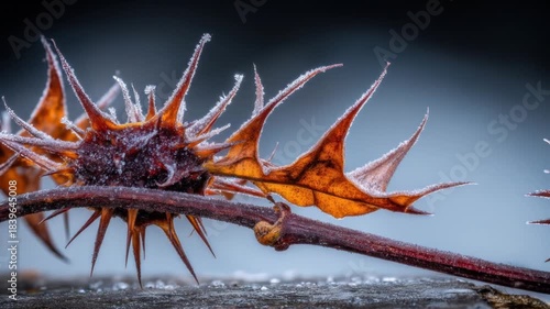 A close-up shot of a plant with spiky structures covered in frost resting on wood