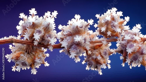 Close-up of several seed pods covered in frost on a brown branch against a gradient blue background
