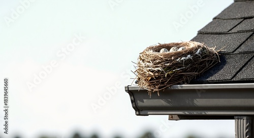 Wallpaper Mural A bird's nest with speckled eggs built in a house rain gutter. Urban wildlife adapting to a residential rooftop in spring. New life concept with copy space for text Torontodigital.ca