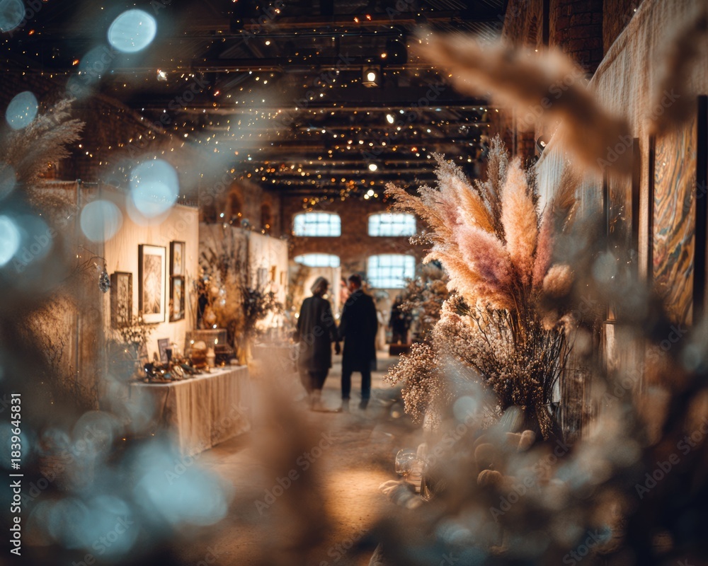 Fototapeta premium A Christmas craft fair interior shows artisan stalls decorated for the holidays. Authenticity, warmth, and joyful shopping.