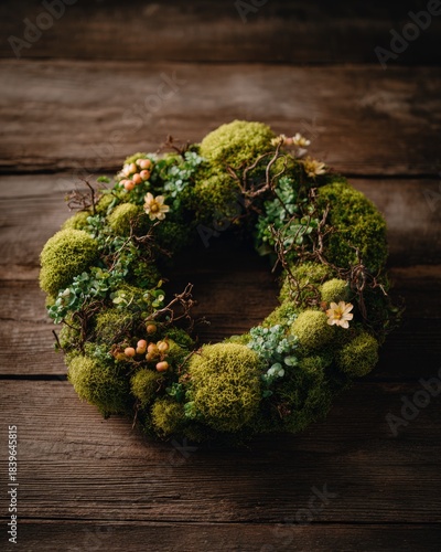 Branches and green moss are shaped into a festive wreath indoors. Sustainability and rustic charm.