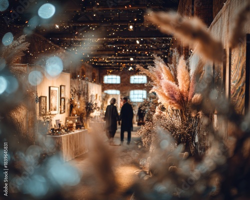 A Christmas craft fair interior shows artisan stalls decorated for the holidays. Authenticity, warmth, and joyful shopping.