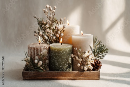 A set of handcrafted Christmas candles is decorated with natural elements. Warmth, calmness, and sustainable holiday charm.