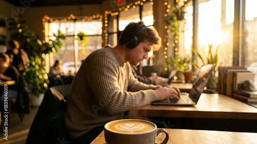 Young male freelancer wearing headphones working on laptop in sunny cafe with latte art coffee in foreground