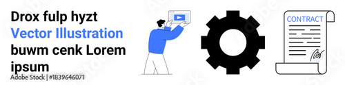 Gear symbolizing process, signed document indicating agreement, person watching video representing e-learning. Ideal for business, industry, training, digital solutions, contracts, tutorials simple