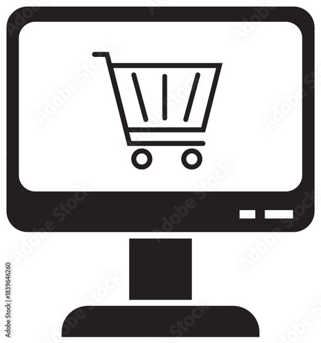 Online Shopping Icon: A sleek, modern computer monitor displays a shopping cart icon, symbolizing the convenience and accessibility of online retail.