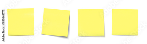 Four Yellow Sticky Notes in a Row on transparent Background for Office Organization and Planning