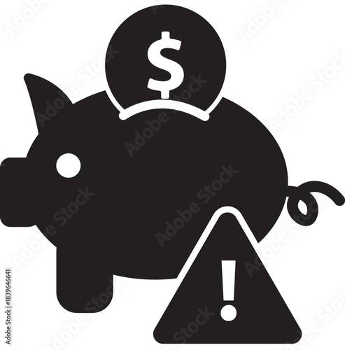 Financial caution: A stark silhouette of a piggy bank, symbolizing financial savings, stands next to a warning sign indicating a potential financial concern.