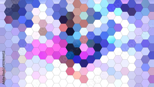 4K abstract hexagon mosaic background in blue, purple, pink, and white tones, featuring a geometric honeycomb pattern with pixelated texture — perfect for modern designs, digital wallpapers, etc.