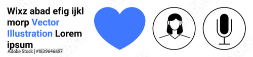 Communication tools, self-expression, audio technology, user profiles, emotions, social connection. A blue heart, female profile icon and microphone symbol on a white backdrop. Communication tools