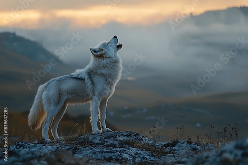 wild wolf standing on rocks at dusk high resolution picture