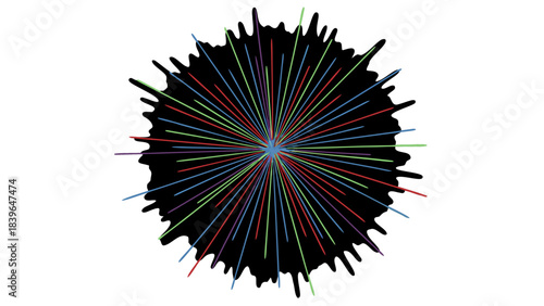 Abstract radial burst of multicolored lines and dots emanating from a central point against a stark black background creating a dynamic starburst effect with vibrant blue, red, green, and purple hues
