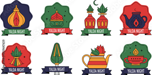 Yalda Night celebration icons with lantern teapot pomegranate and candle symbol