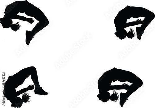 Silhouette of a woman performing acrobatic backbend poses on white background gymnastics
