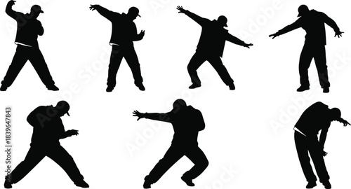 Seven black silhouettes of a man in a baseball cap dancing and posing hip hop