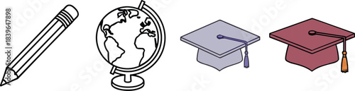 Pencil globe and graduation caps in flat design style mortarboard education
