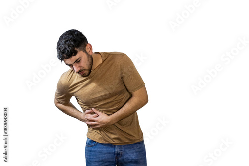 Young man suffering from abdominal pain on white background. PNG