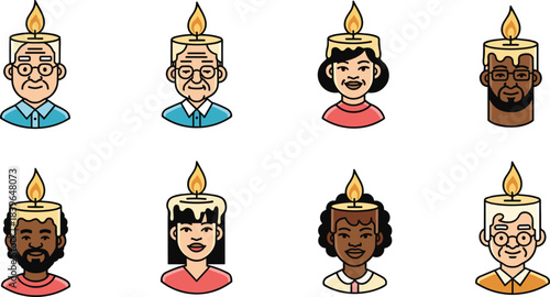 Diverse people faces as lit candles in flat illustration style person