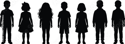 Diverse group of seven children silhouettes standing side by side kids diversity