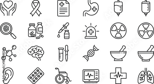Collection of medical and healthcare line art icons science