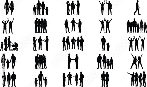 Collection of black silhouettes of people in various poses and groups family couple