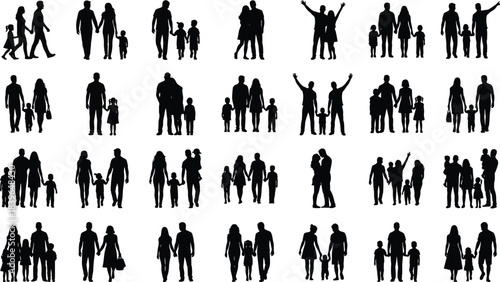 Collection of black silhouettes of families and couples walking and embracing family