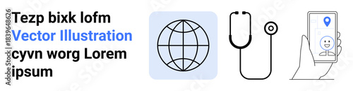 Digital health, global communication, telemedicine solutions, online diagnosis, mobile healthcare, technology. Globe, stethoscope and hand holding a smartphone. Digital health and global