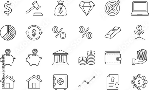 Collection of black and white financial and business icons in a grid layout money
