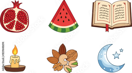 Cartoon pomegranate watermelon slice open book candle nuts and moon fruit food