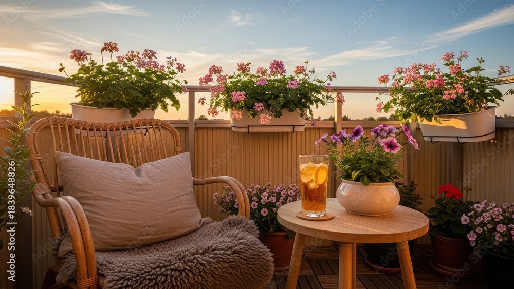 Obraz premium Cozy balcony with flowers and iced tea in warm sunset glow