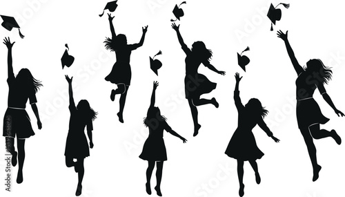 Black silhouette figures of graduates throwing caps in the air graduation celebration