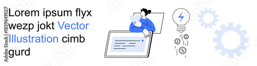 Technology, workflow, ideas, innovation, automation, finance. Person interacting with a tablet, light bulb gear icons. Technology and workflow concepts highlighting innovation and ideas