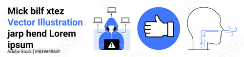 Cybersecurity, hacking prevention, digital feedback, social networks, online systems, health education. Hooded hacker, thumbs-up symbol and airflow diagram. Cybersecurity and digital feedback