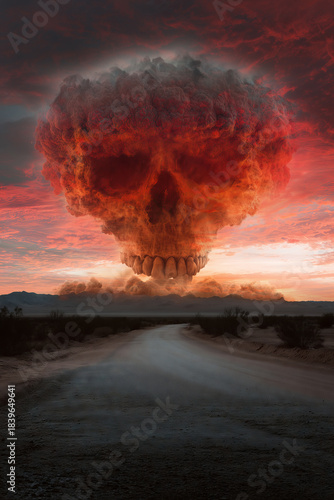 Mystical nuclear explosion resembling a skull against a dramatic sunset sky