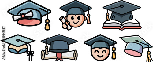 Graduation cap clipart with diploma scroll and happy faces set