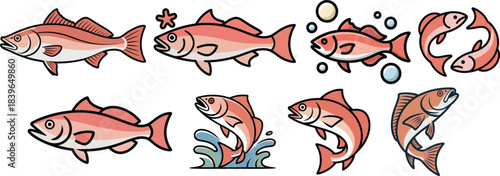 Redfish swimming collection in different poses and expressions