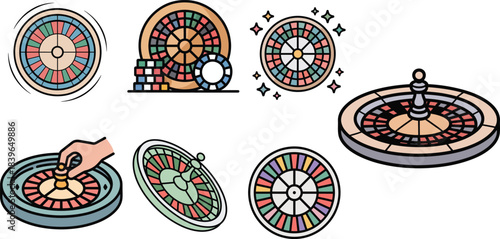 Roulette wheel spinning with colorful numbers and ball set