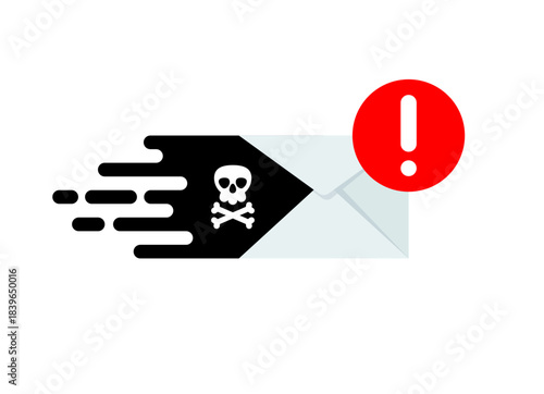 Virus, malware, email fraud, e-mail spam. Email envelope with document and skull and bones and red sign. Concept of virus, piracy, hacking and security. Virus, malware, email fraud, e-mail spam