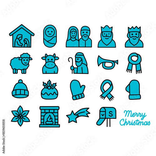 Christmas Nativity Icon Set Black Outline Blue Fill SVG Vector