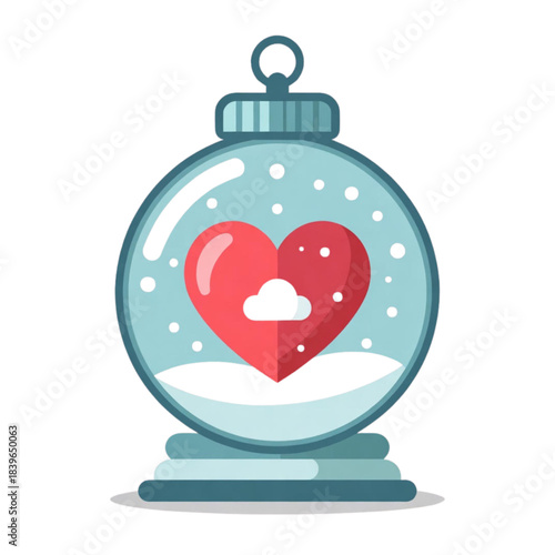 Festive snow globe captures a heartwarming scene with a red heart and snowflakes.