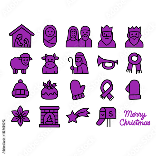 Christmas Nativity Icon Set Black Outline Purple Fill SVG Vector